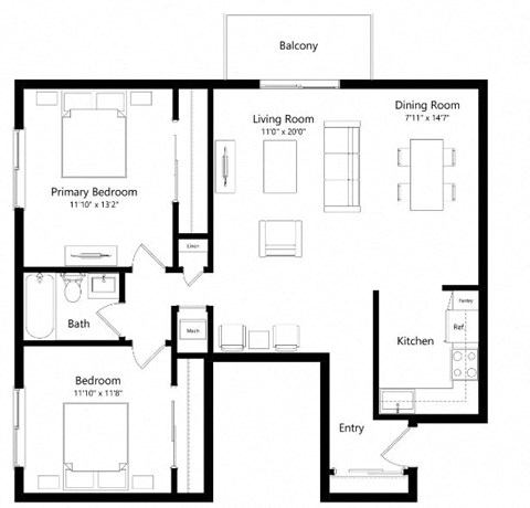 Floor plan for 2 beds, 1 bath, 940 sqft